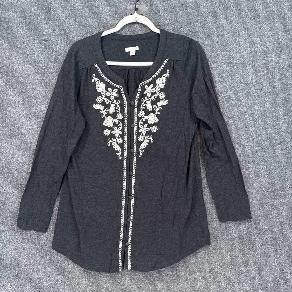 J. Jill Shirt Women Large Petite Gray Embroidered Button Front Long Sleeve Boho